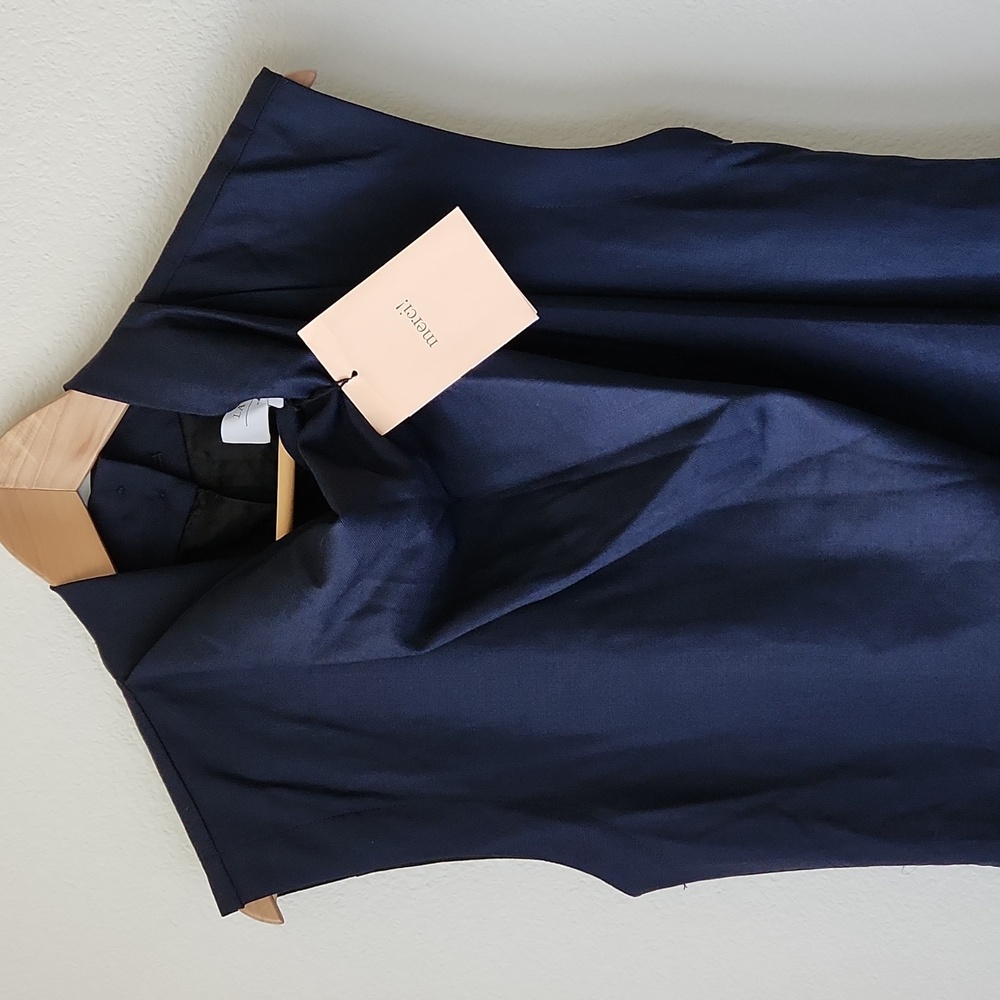LA LIGNE Wool Cowl Neck Draped Tailored Shift Dress In Navy NWT Sz S made in USA - Picture 3 of 13